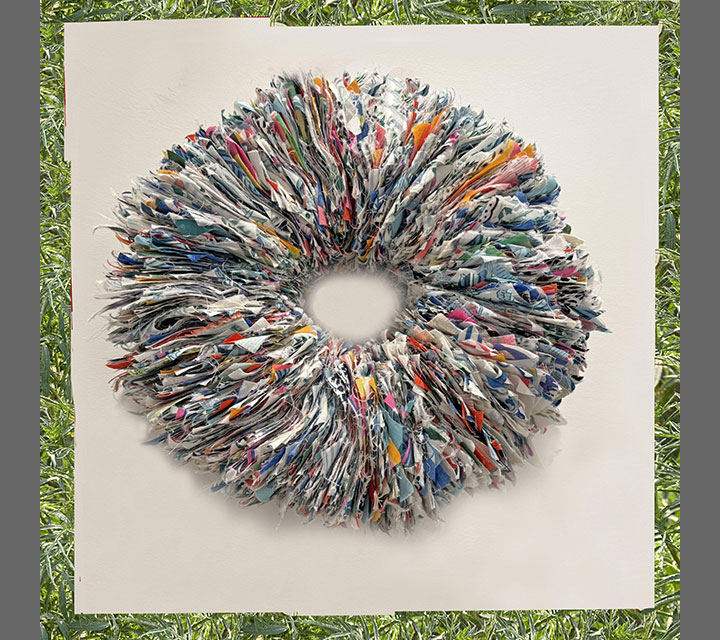 <em>Kindred Spirits</em>, Cotton woodblock printed scraps and wire, 14